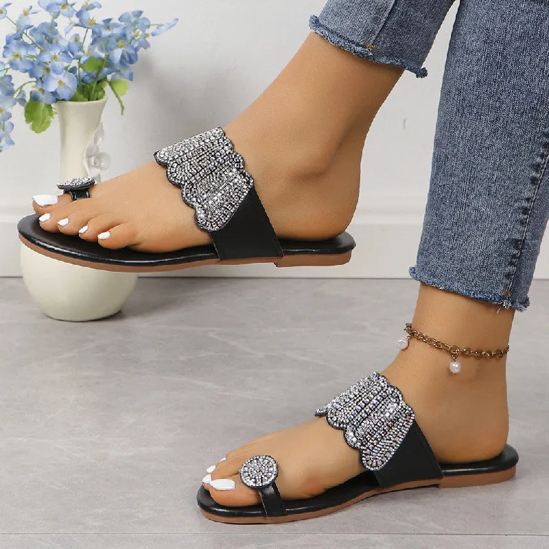 2024 summer Flat toed rhinestone sandals for women's fashionable outdoor beach slippers