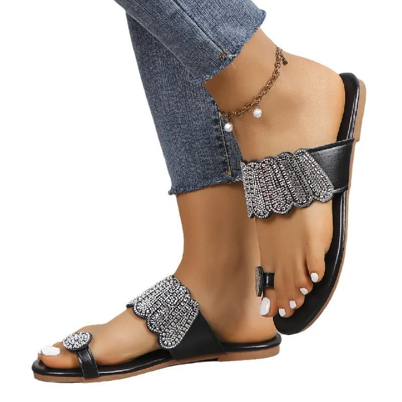 2024 summer Flat toed rhinestone sandals for women's fashionable outdoor beach slippers