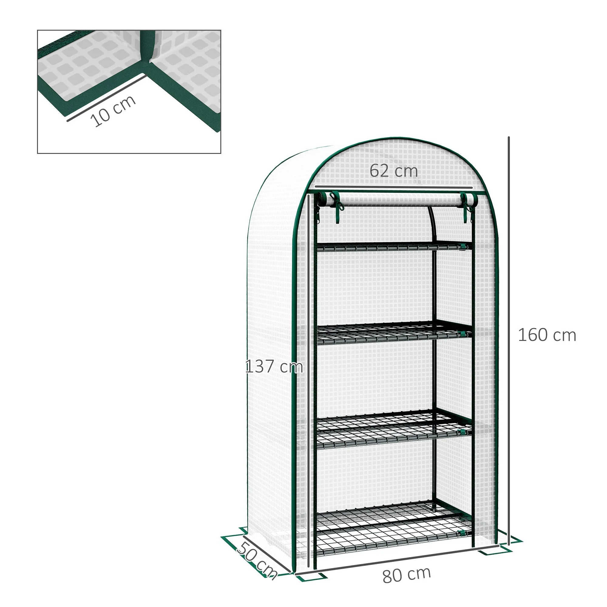 80 x 49 x 160cm Mini Greenhouse for Outdoor Portable Gardening Plant Green House with Storage Shelf Roll-Up Zippered Door Metal Frame and PE Cover White