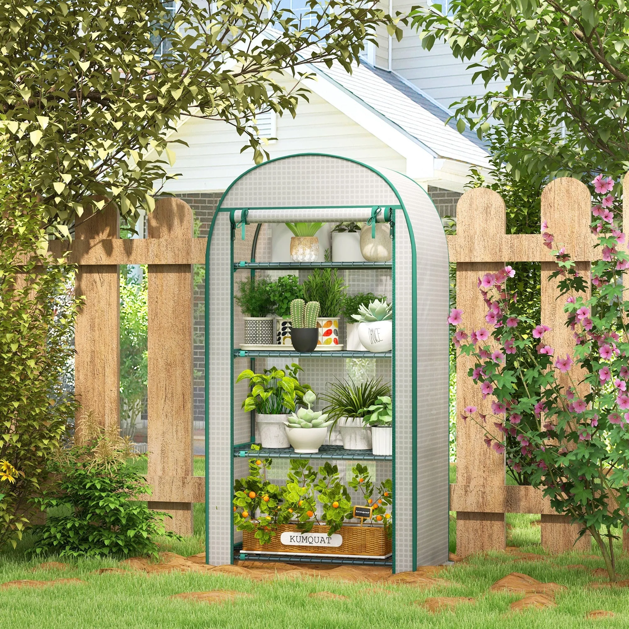 80 x 49 x 160cm Mini Greenhouse for Outdoor Portable Gardening Plant Green House with Storage Shelf Roll-Up Zippered Door Metal Frame and PE Cover White