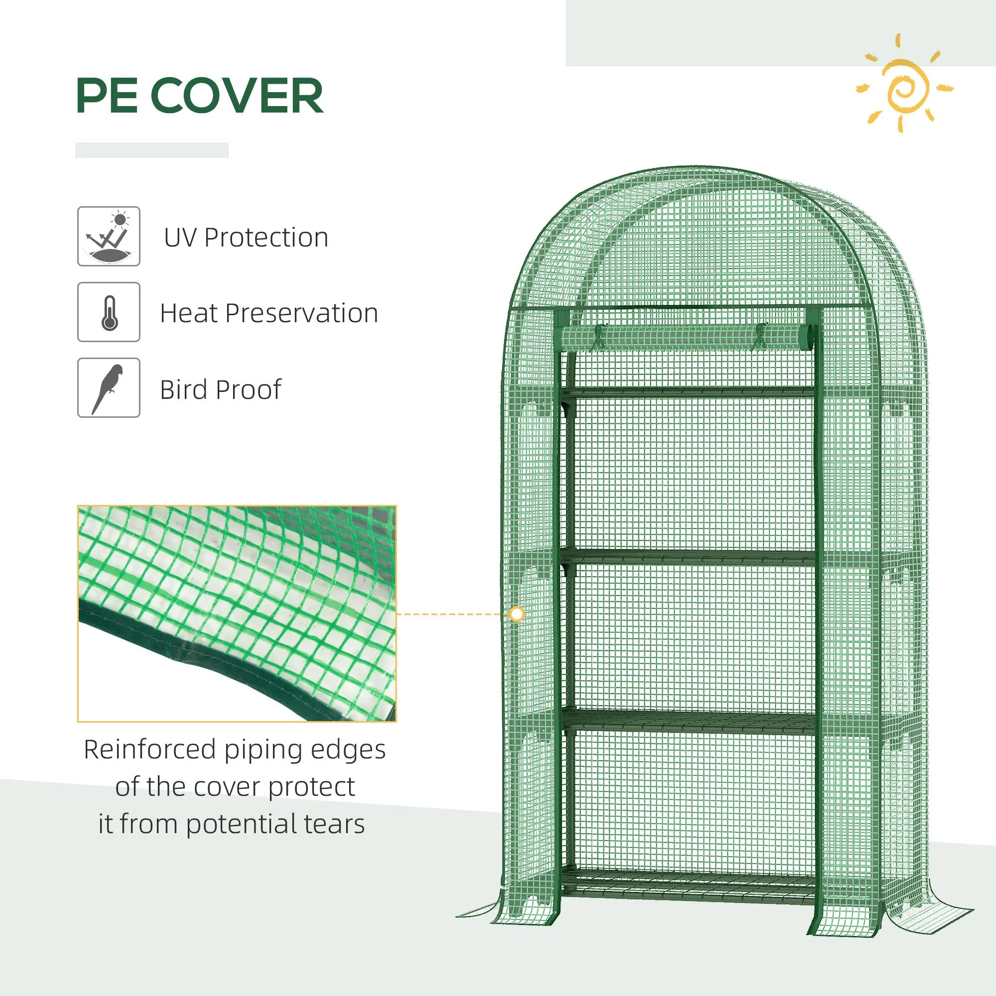 80x49x160cm Mini Greenhouse for Outdoor Portable Gardening Plant with Storage Shelf Roll-Up Zippered Door Metal Frame and PE Cover Green