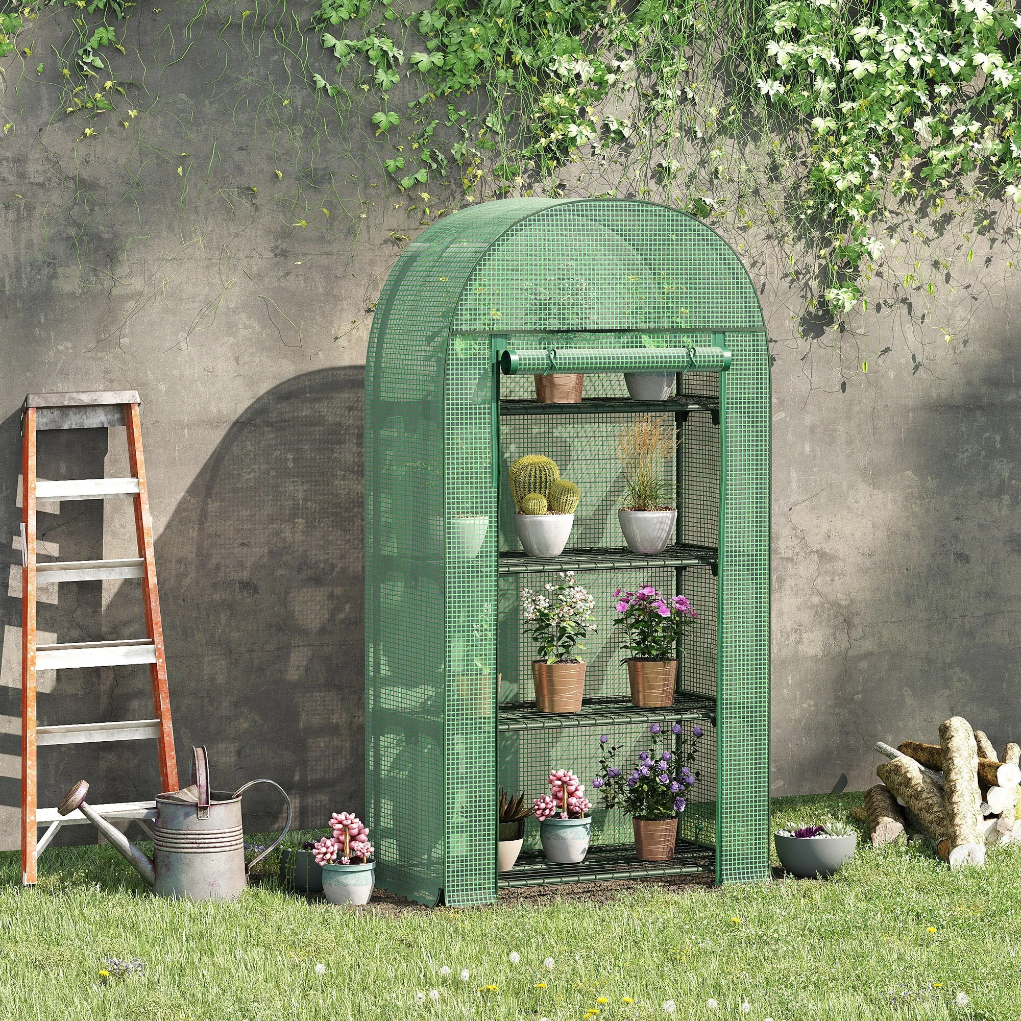 80x49x160cm Mini Greenhouse for Outdoor Portable Gardening Plant with Storage Shelf Roll-Up Zippered Door Metal Frame and PE Cover Green