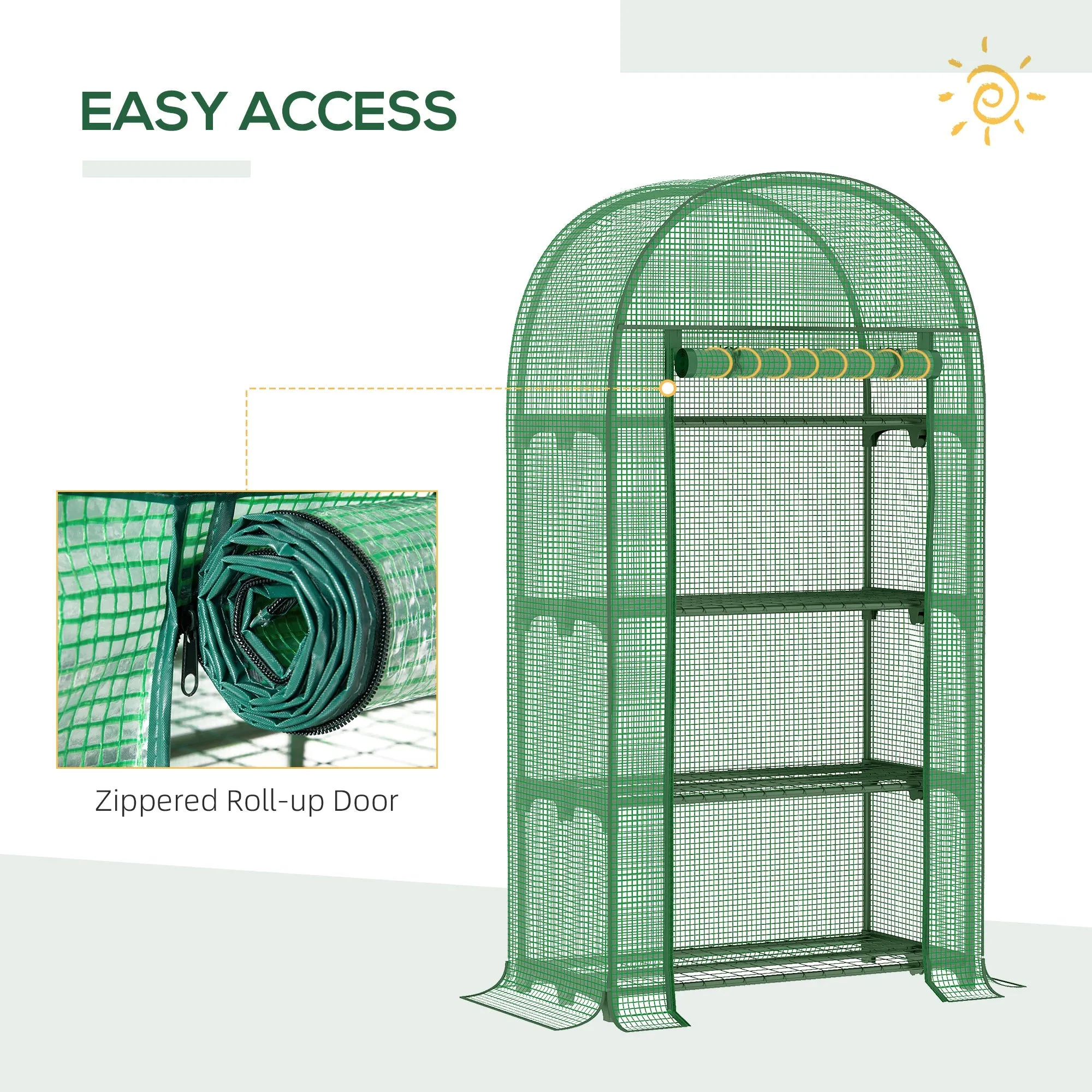 80x49x160cm Mini Greenhouse for Outdoor Portable Gardening Plant with Storage Shelf Roll-Up Zippered Door Metal Frame and PE Cover Green
