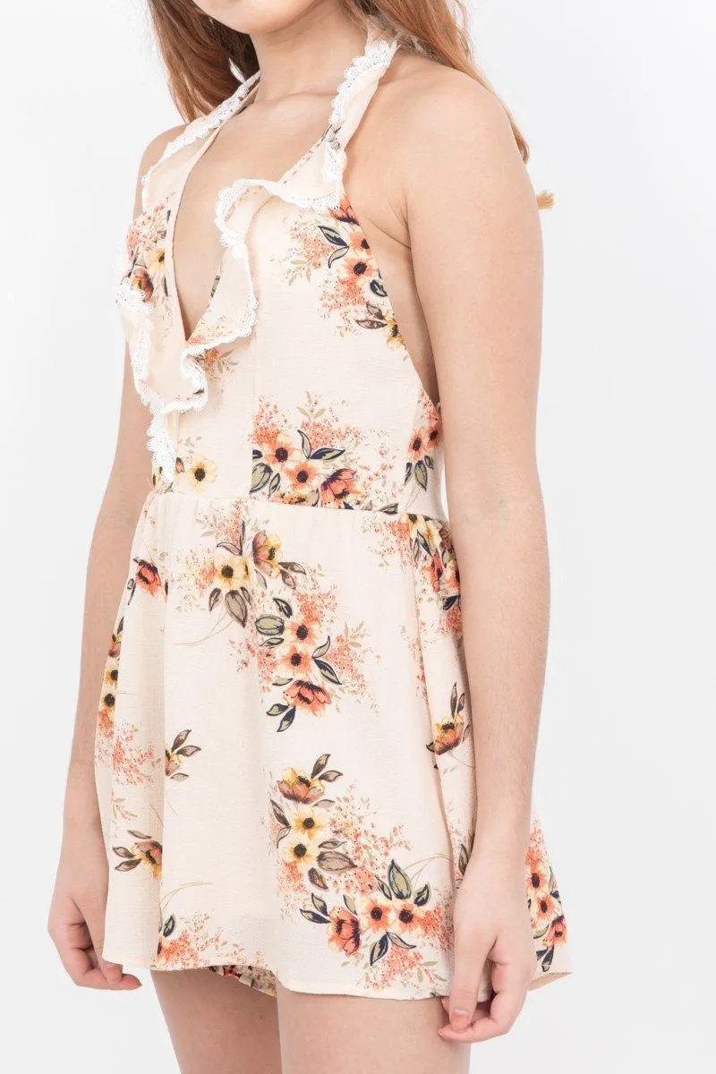 Apricot Plunge Neck Floral Playsuit