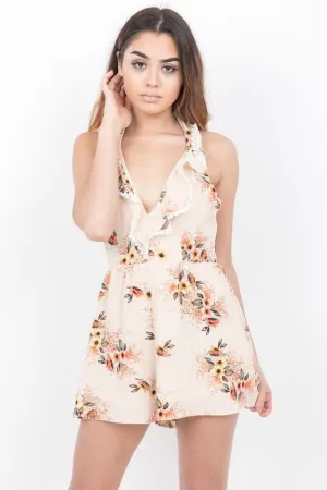 Apricot Plunge Neck Floral Playsuit