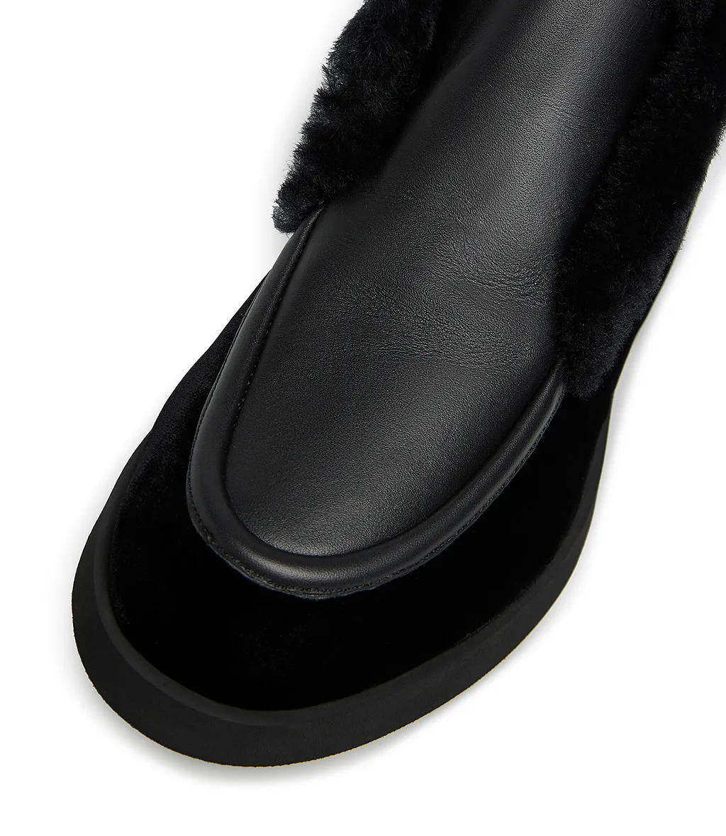 Black velvet and nappa loafers with shearling lining