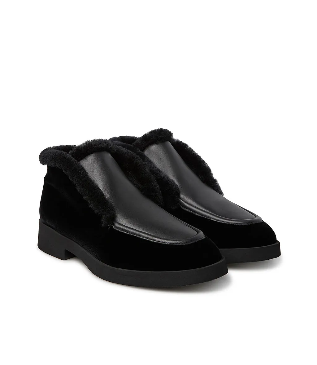 Black velvet and nappa loafers with shearling lining
