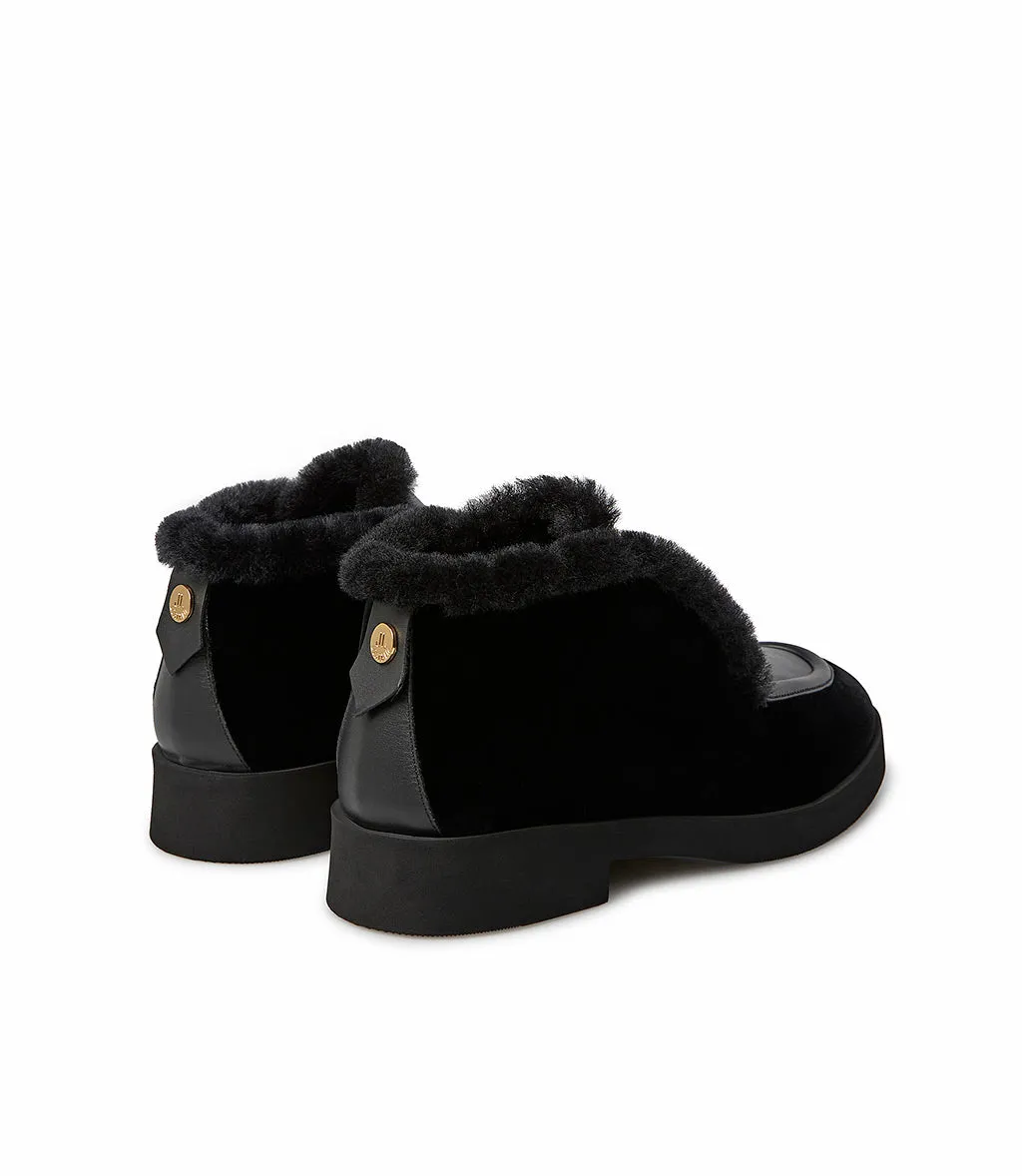 Black velvet and nappa loafers with shearling lining