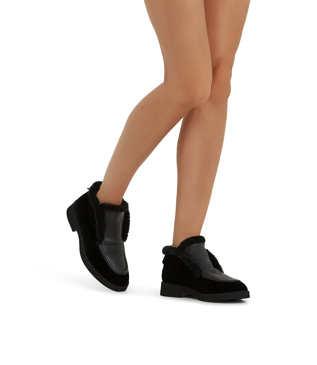 Black velvet and nappa loafers with shearling lining