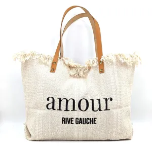 Canvas bag with amour embroidery and leather handles