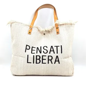 Canvas bag with Pensati Libera embroidery and leather handles