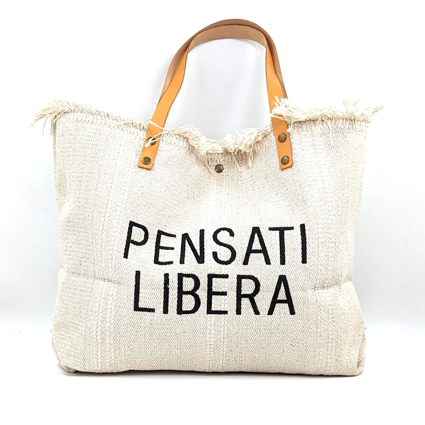 Canvas bag with Pensati Libera embroidery and leather handles