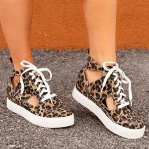Chicvane Leopard Cut Out Wedge Canvas Shoes