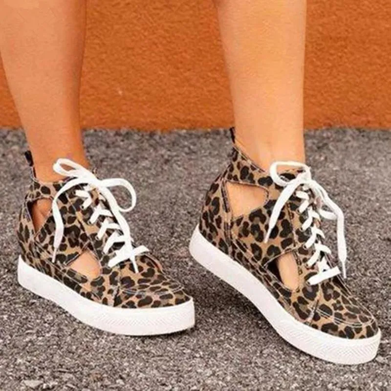 Chicvane Leopard Cut Out Wedge Canvas Shoes