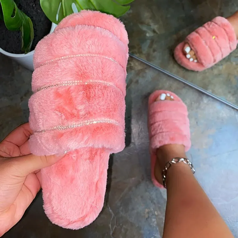 Chicvane Rhinestone Faux Fur Open Toe Fluffy Flat Slide Sleeper For Women