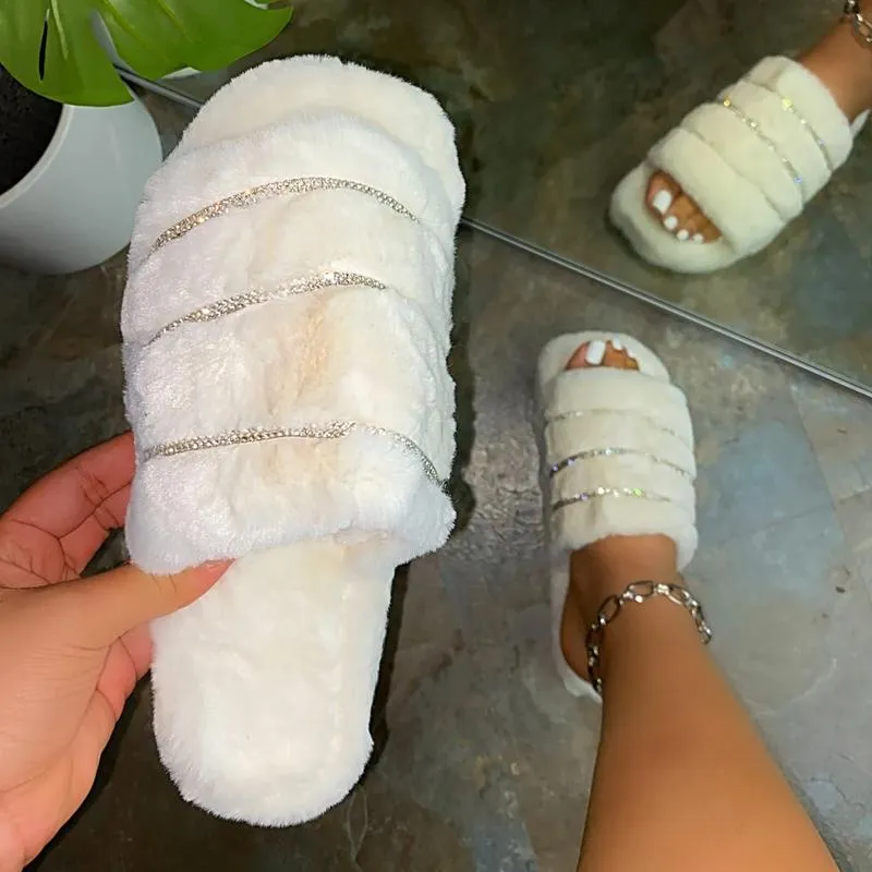 Chicvane Rhinestone Faux Fur Open Toe Fluffy Flat Slide Sleeper For Women