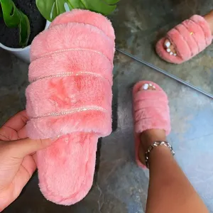 Chicvane Rhinestone Faux Fur Open Toe Fluffy Flat Slide Sleeper For Women