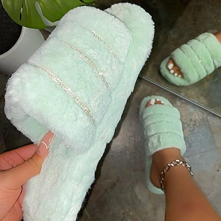 Chicvane Rhinestone Faux Fur Open Toe Fluffy Flat Slide Sleeper For Women
