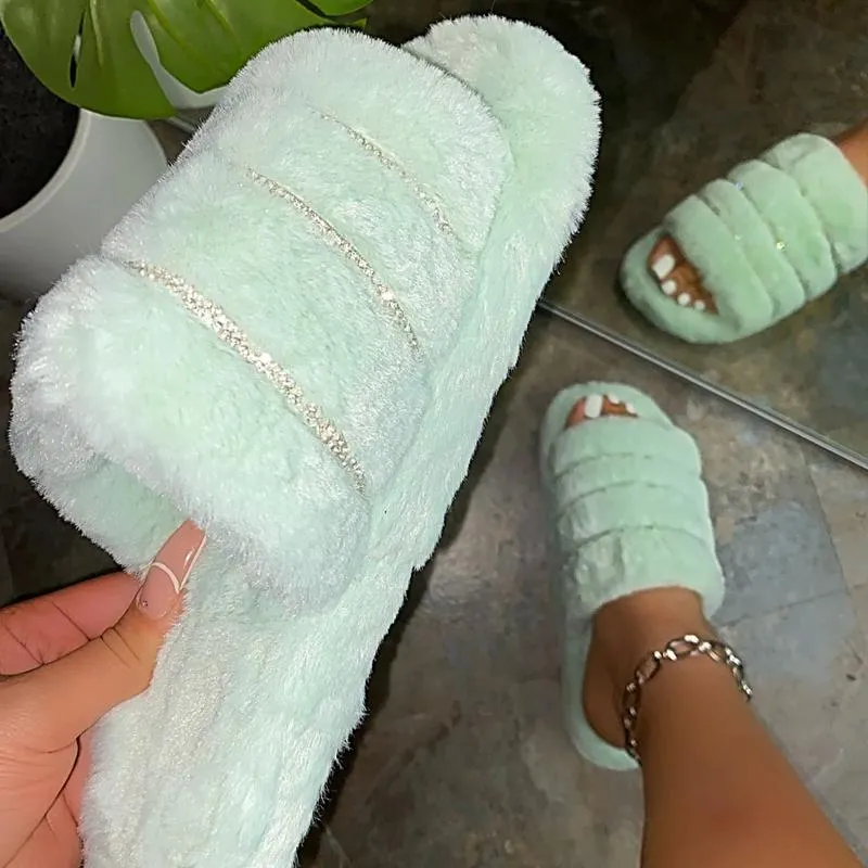 Chicvane Rhinestone Faux Fur Open Toe Fluffy Flat Slide Sleeper For Women