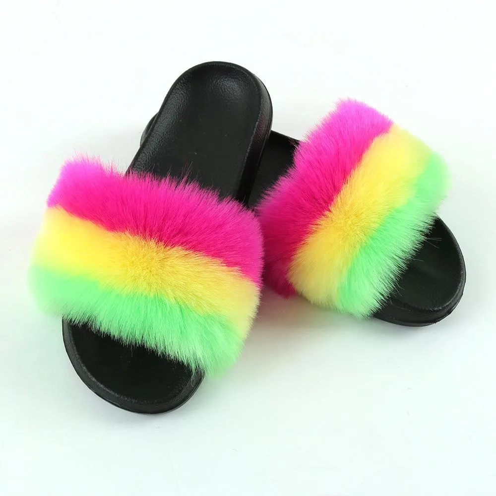 Chicvane Striped Multicolor Faux Fur Open Toe Fluffy Flat Sleeper Slides For Women