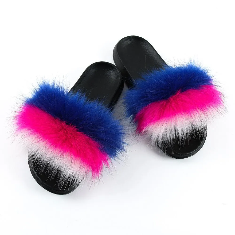Chicvane Striped Multicolor Faux Fur Open Toe Fluffy Flat Sleeper Slides For Women
