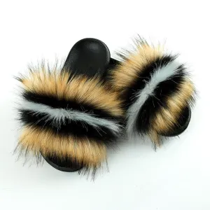 Chicvane Striped Multicolor Faux Fur Open Toe Fluffy Flat Sleeper Slides For Women