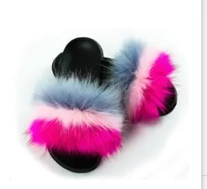 Chicvane Striped Multicolor Faux Fur Open Toe Fluffy Flat Sleeper Slides For Women