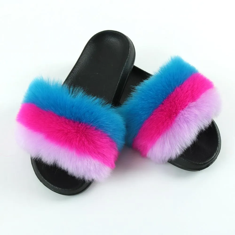 Chicvane Striped Multicolor Faux Fur Open Toe Fluffy Flat Sleeper Slides For Women