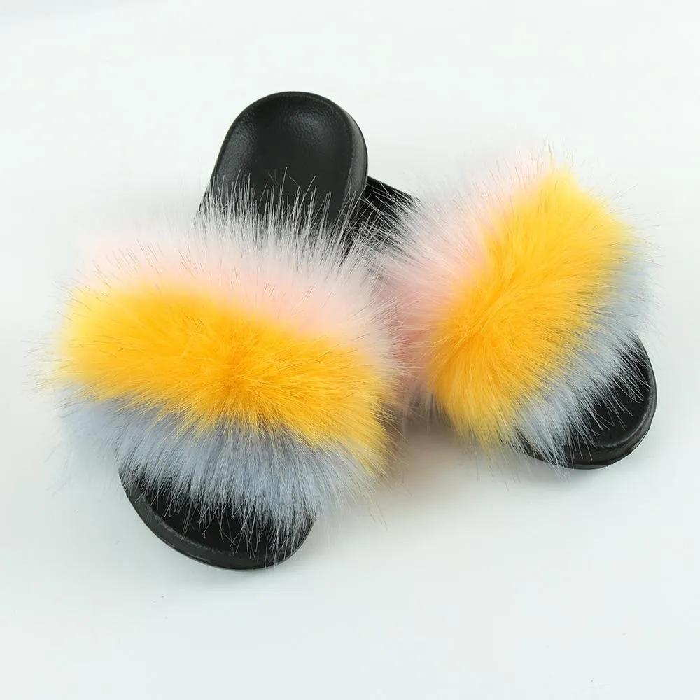 Chicvane Striped Multicolor Faux Fur Open Toe Fluffy Flat Sleeper Slides For Women