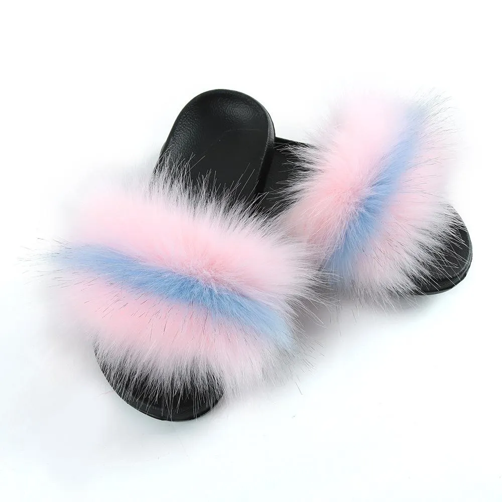 Chicvane Striped Multicolor Faux Fur Open Toe Fluffy Flat Sleeper Slides For Women