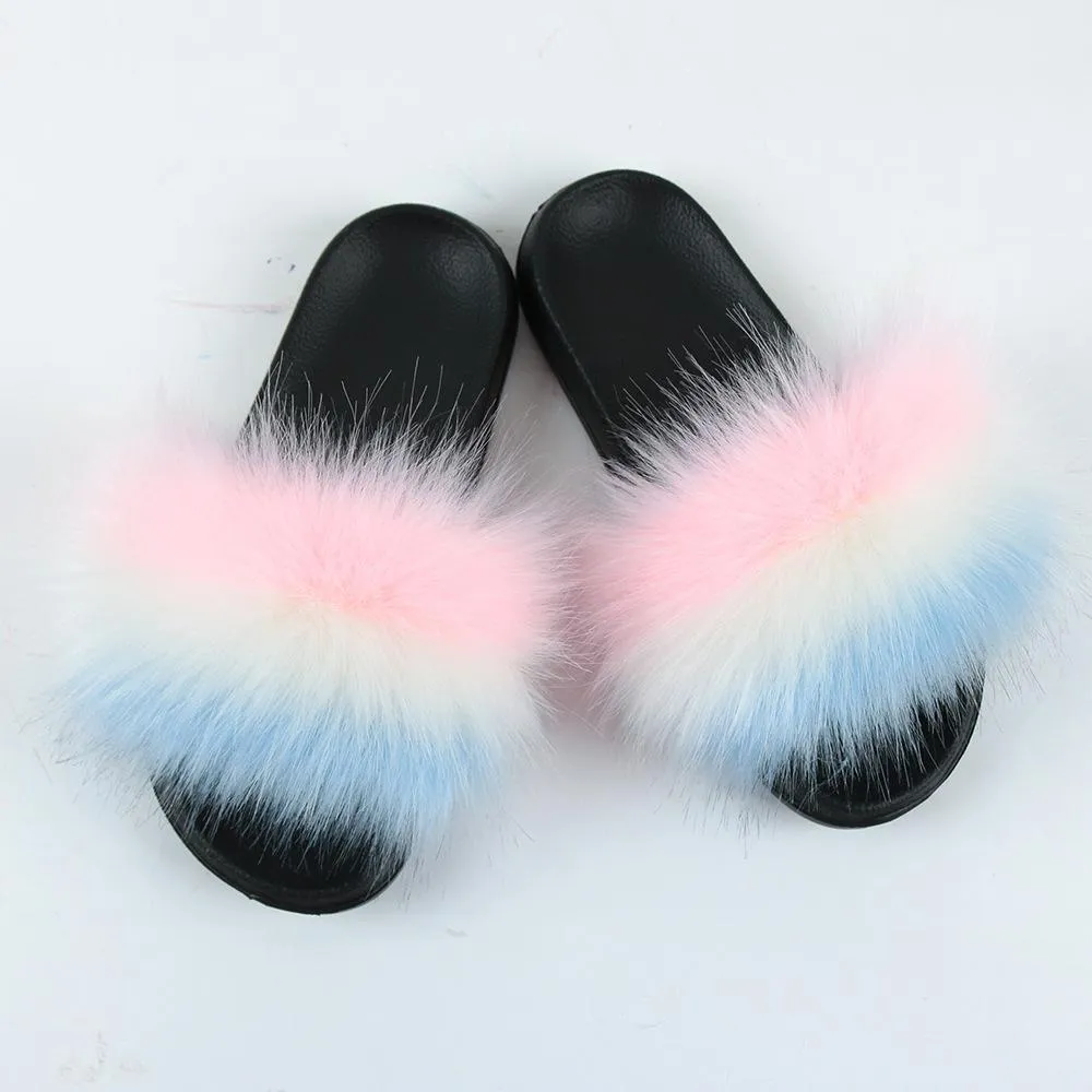 Chicvane Striped Multicolor Faux Fur Open Toe Fluffy Flat Sleeper Slides For Women