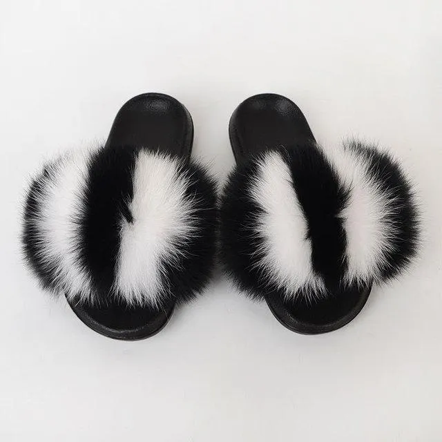 Chicvane Womens Color Block Striped Fox Fur Open Toe Fluffy Flat Slide Sleeper