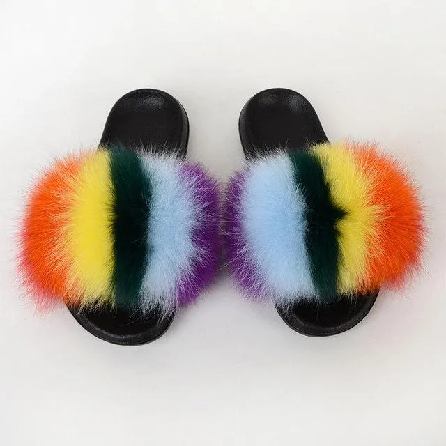 Chicvane Womens Color Block Striped Fox Fur Open Toe Fluffy Flat Slide Sleeper