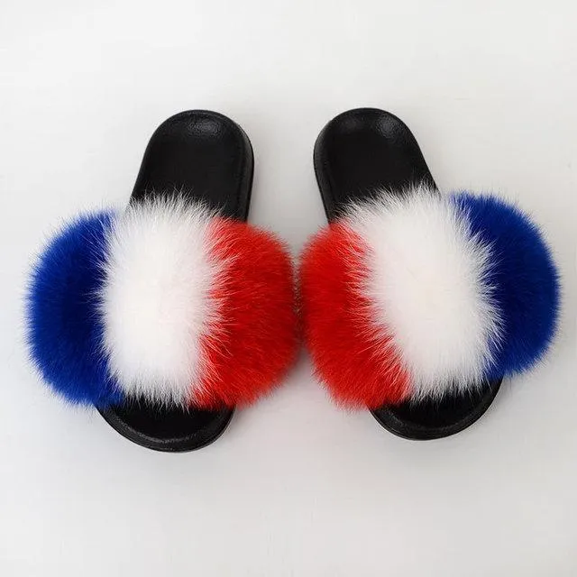 Chicvane Womens Color Block Striped Fox Fur Open Toe Fluffy Flat Slide Sleeper