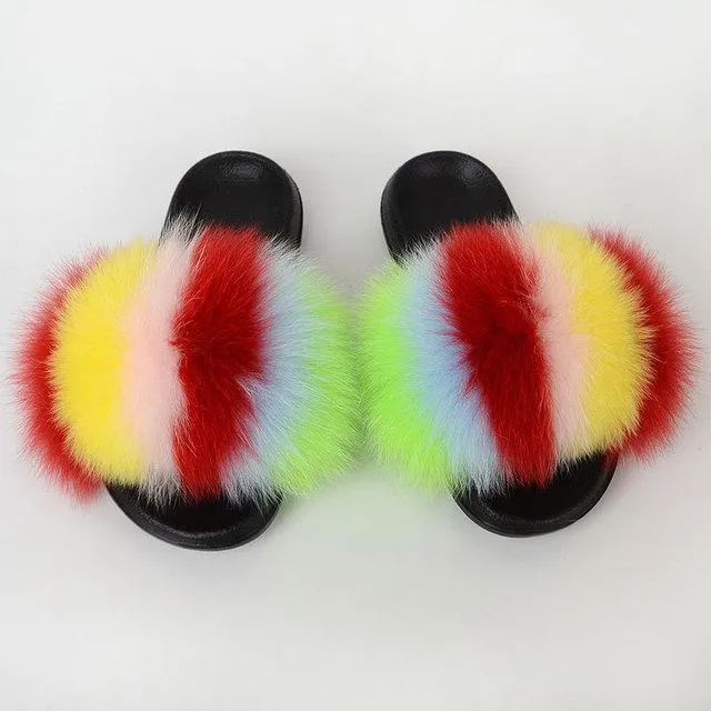 Chicvane Womens Color Block Striped Fox Fur Open Toe Fluffy Flat Slide Sleeper