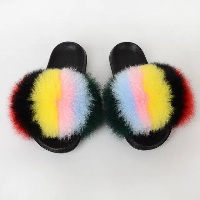 Chicvane Womens Color Block Striped Fox Fur Open Toe Fluffy Flat Slide Sleeper
