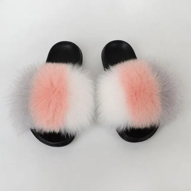 Chicvane Womens Color Block Striped Fox Fur Open Toe Fluffy Flat Slide Sleeper