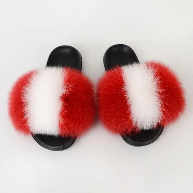 Chicvane Womens Color Block Striped Fox Fur Open Toe Fluffy Flat Slide Sleeper