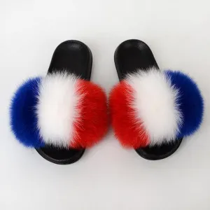 Chicvane Womens Color Block Striped Fox Fur Open Toe Fluffy Flat Slide Sleeper