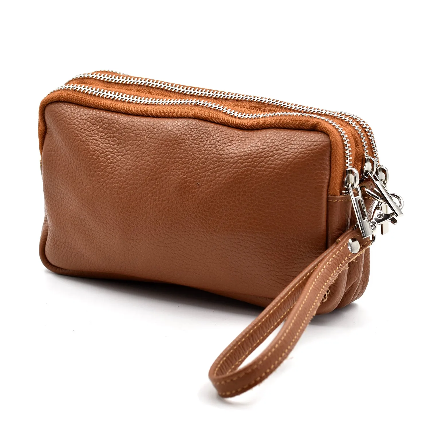 Classic leather 3 compartment clutch with hand strap
