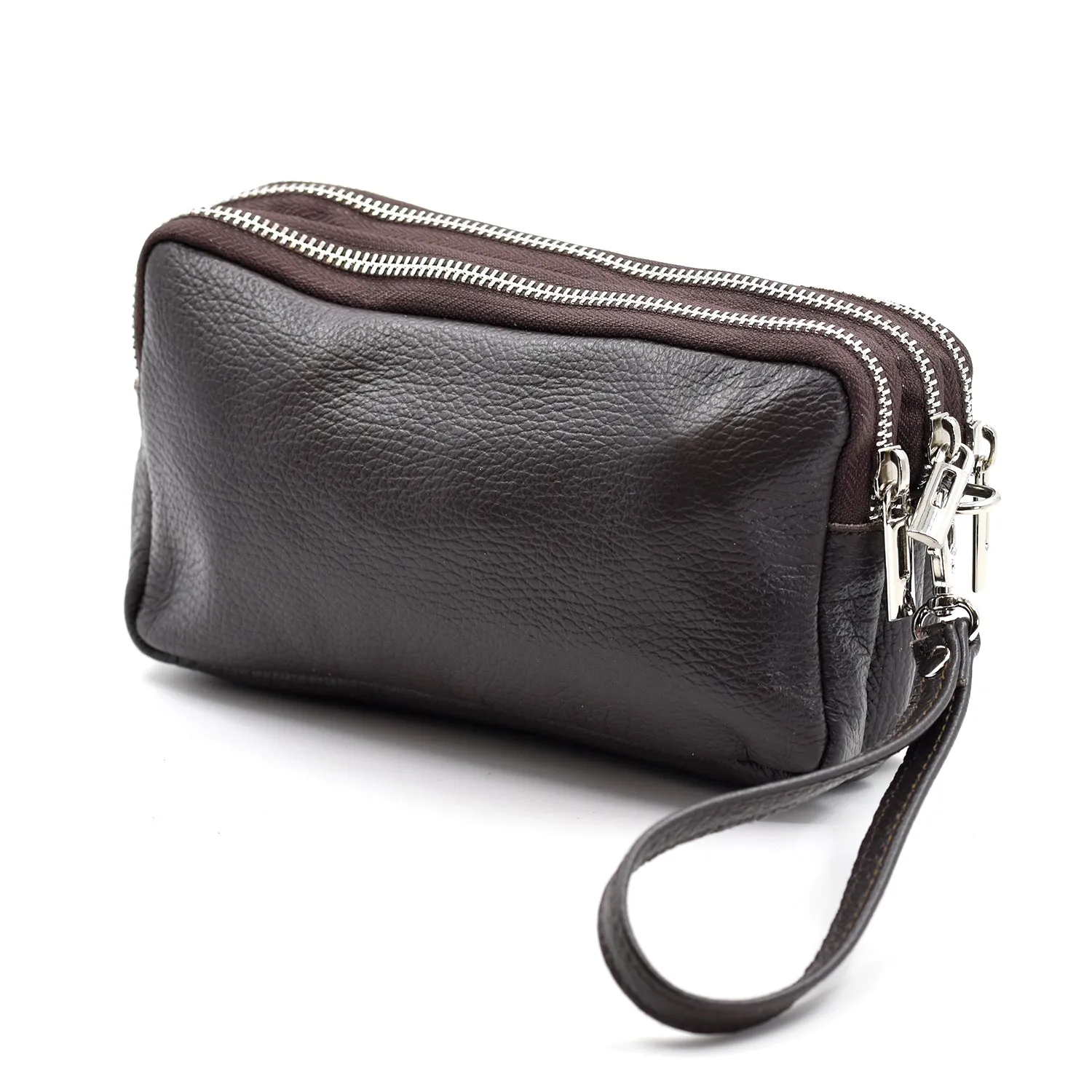 Classic leather 3 compartment clutch with hand strap