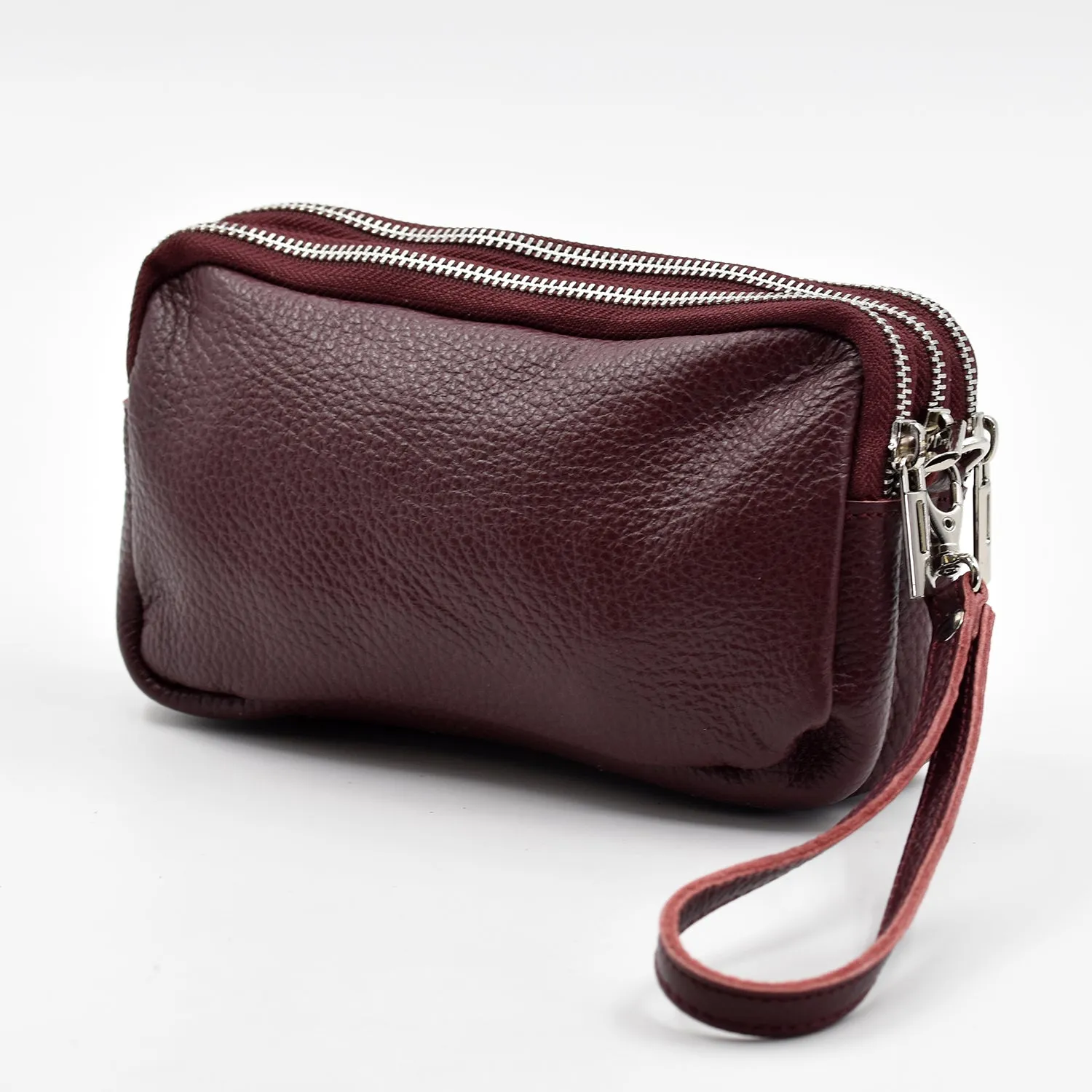 Classic leather 3 compartment clutch with hand strap