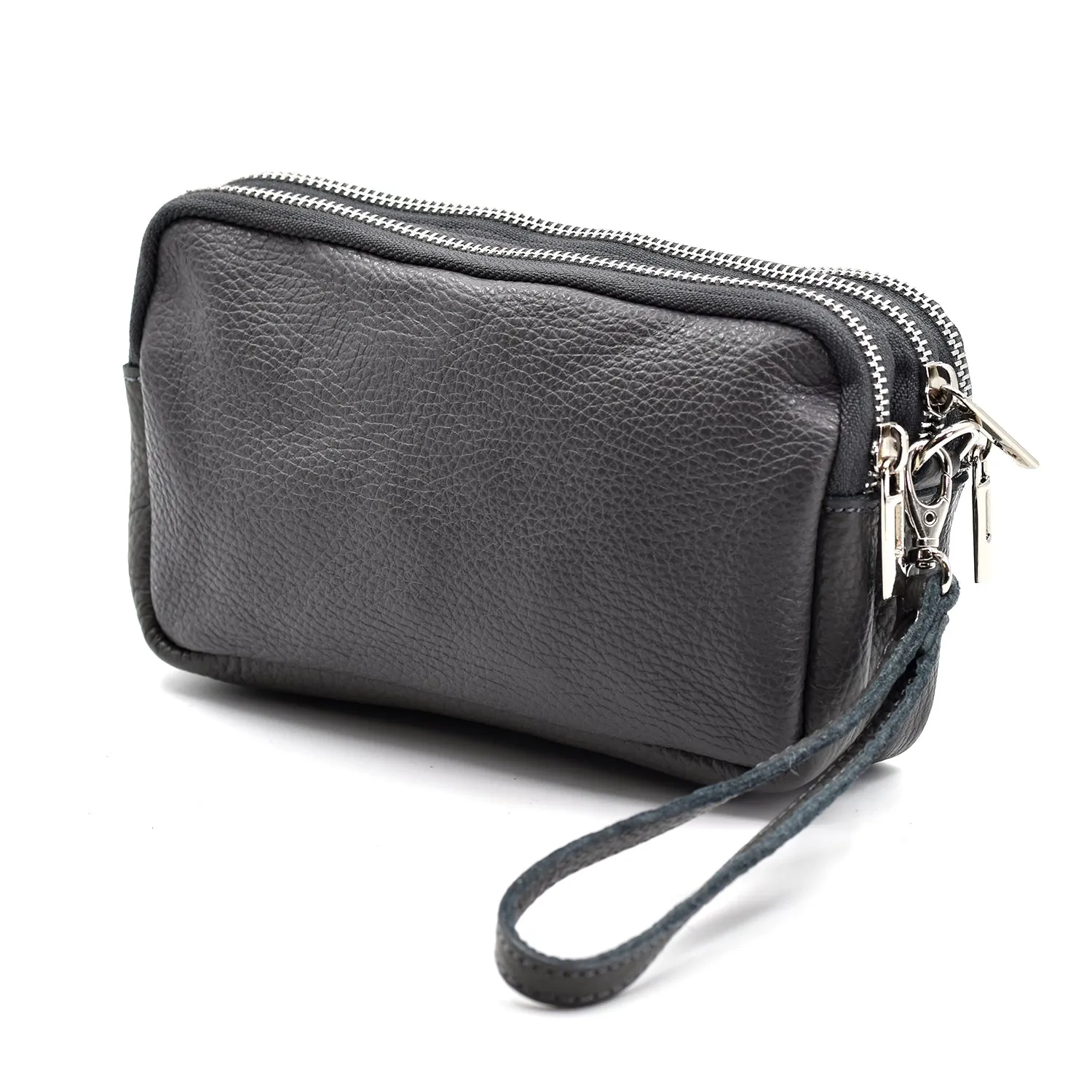 Classic leather 3 compartment clutch with hand strap
