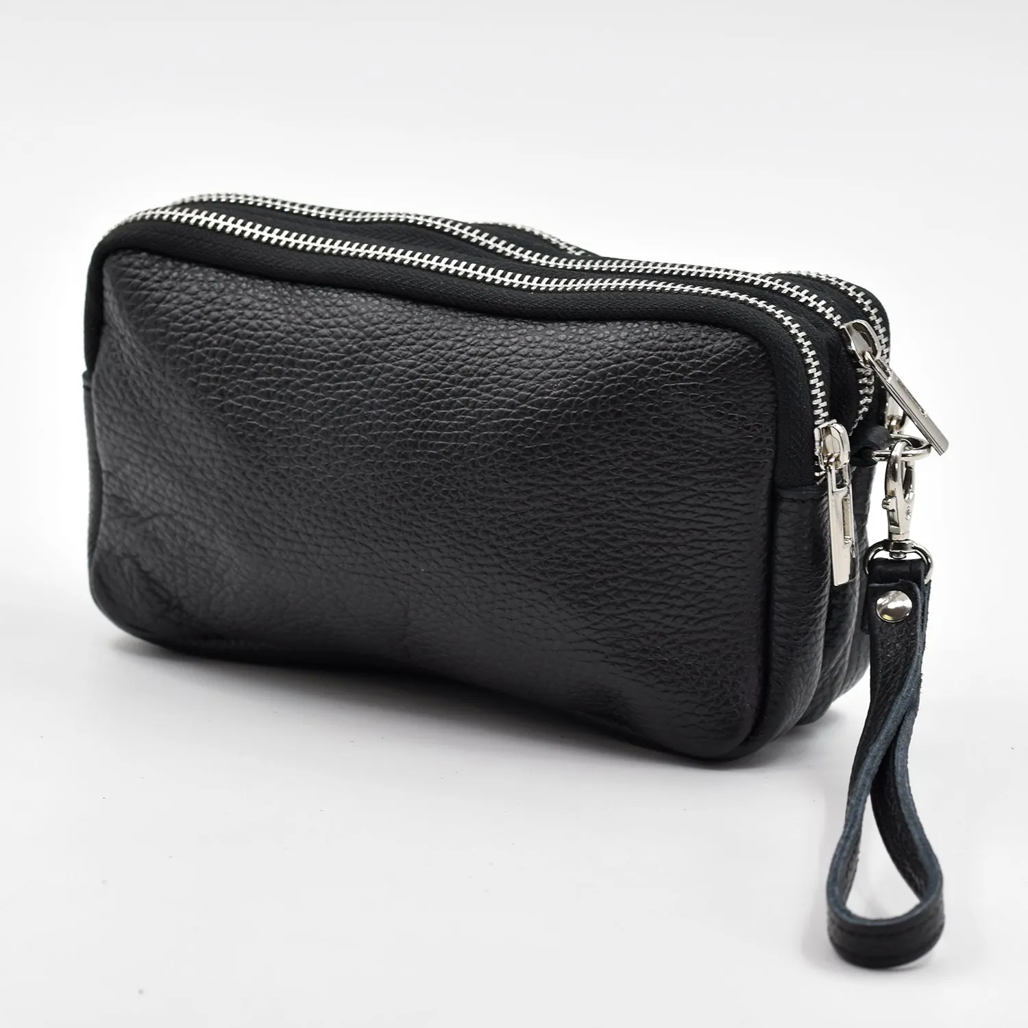 Classic leather 3 compartment clutch with hand strap