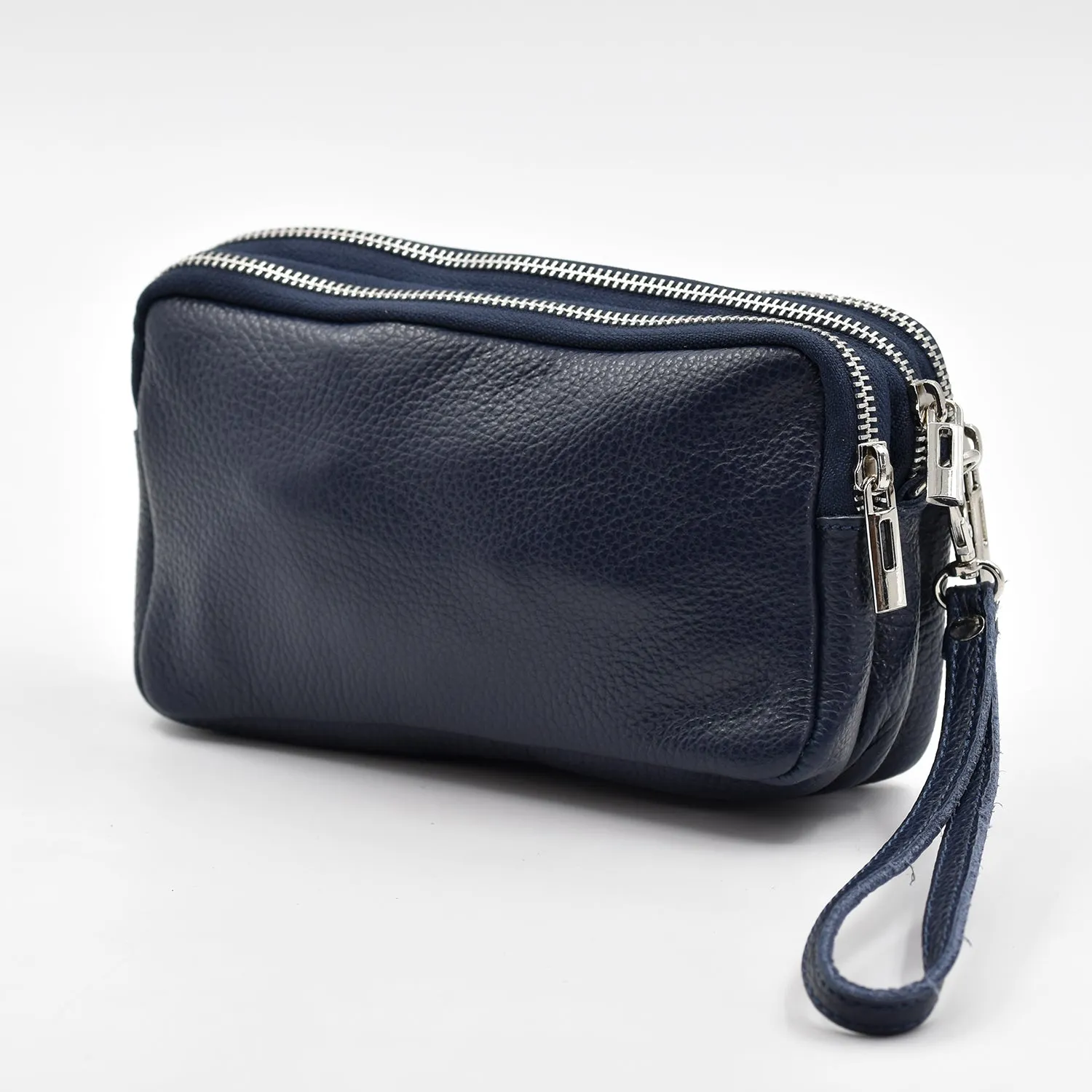 Classic leather 3 compartment clutch with hand strap