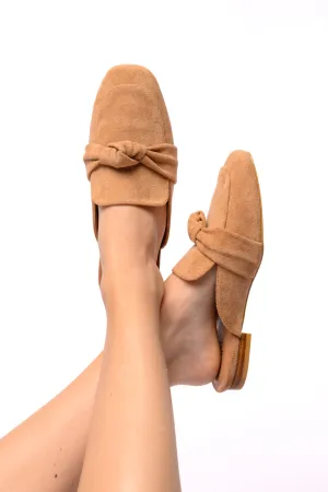 Clingy Mules in Camel Faux Suede - 7/24/2024 Corkys