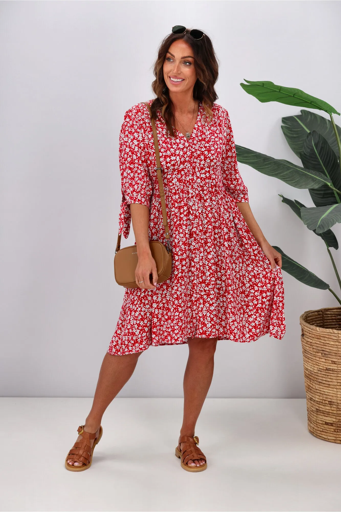 Fria Cara Ditsy Button Front Dress Red