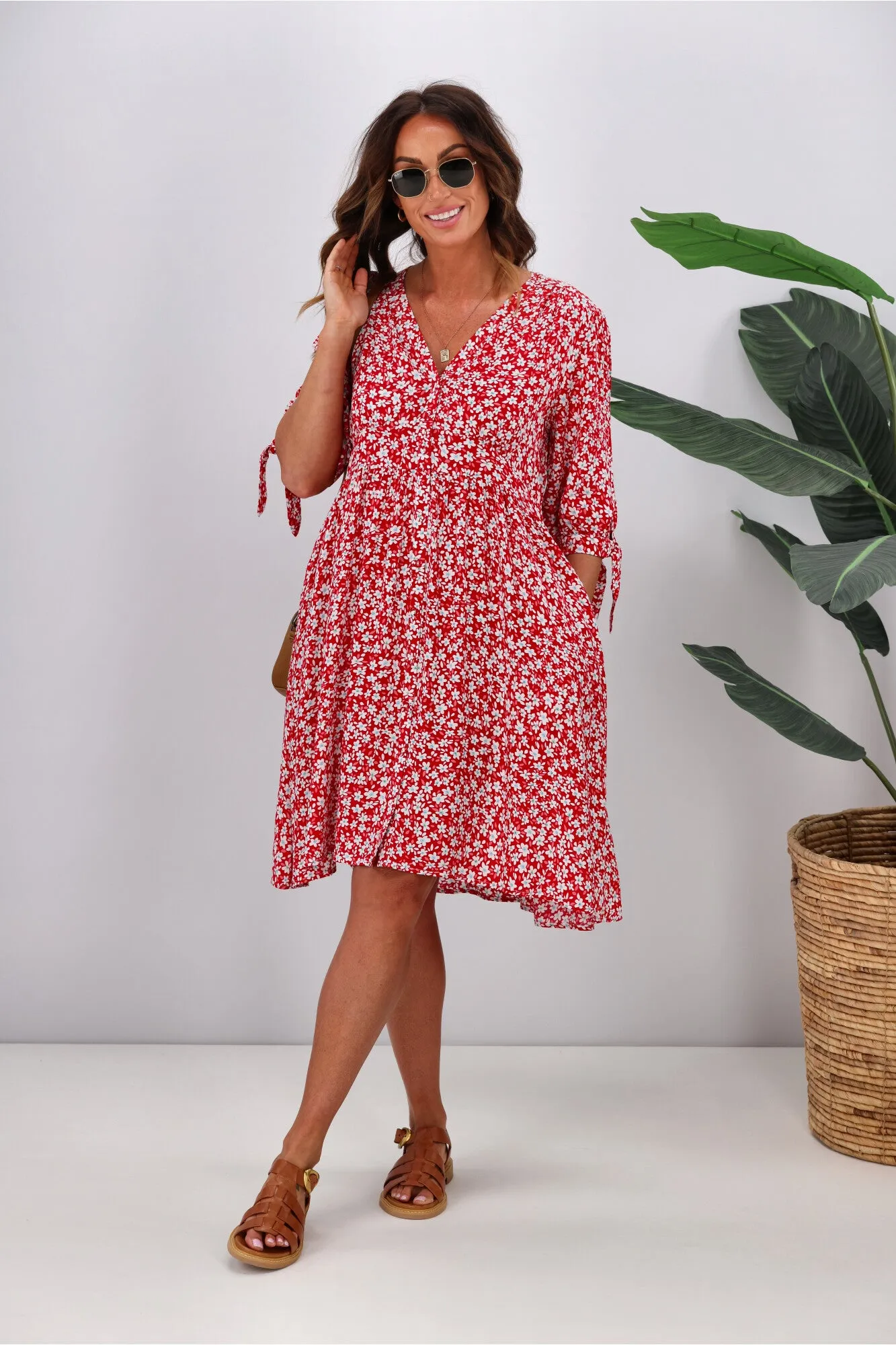 Fria Cara Ditsy Button Front Dress Red
