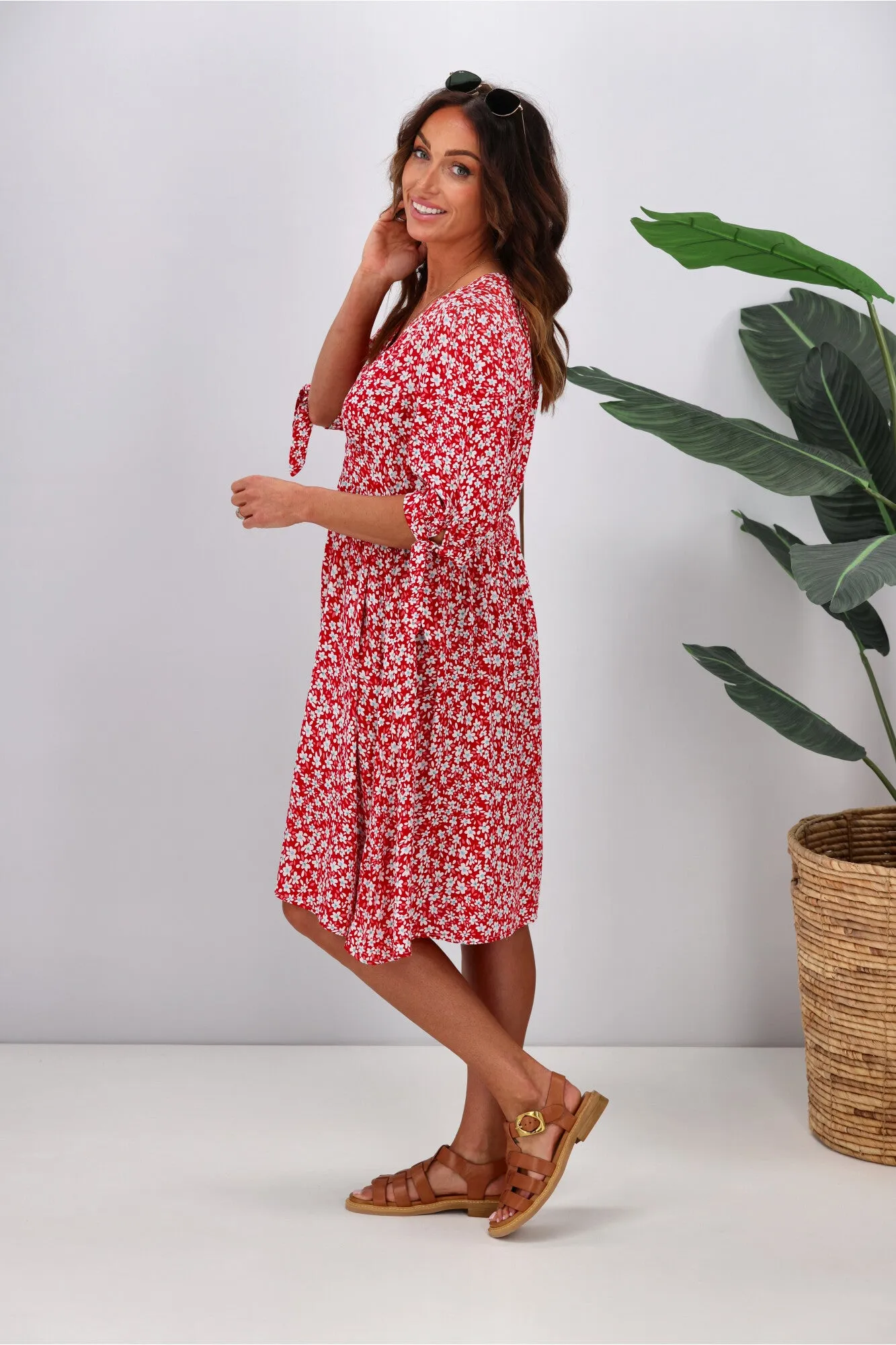 Fria Cara Ditsy Button Front Dress Red