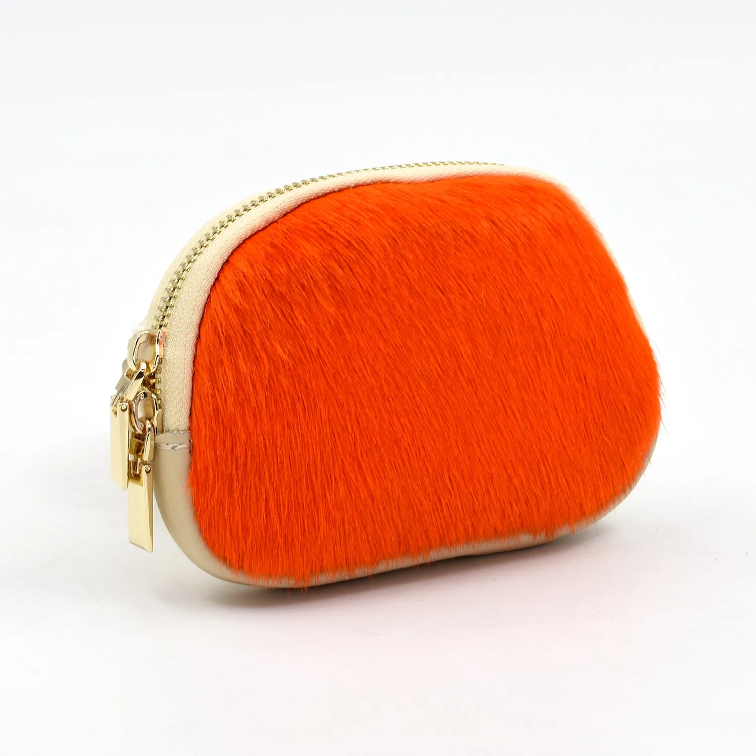 Leather coin purse with one side real cow hide and double zip